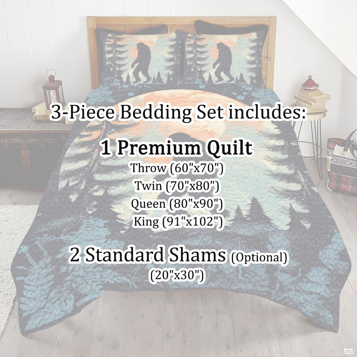 Full bedroom display of sunset forest Bigfoot bedding styled with rustic cabin room decor accents