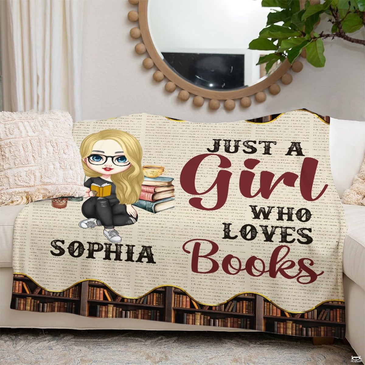Close-up view of custom reader girl throw blanket highlighting crisp typography and parchment texture details.