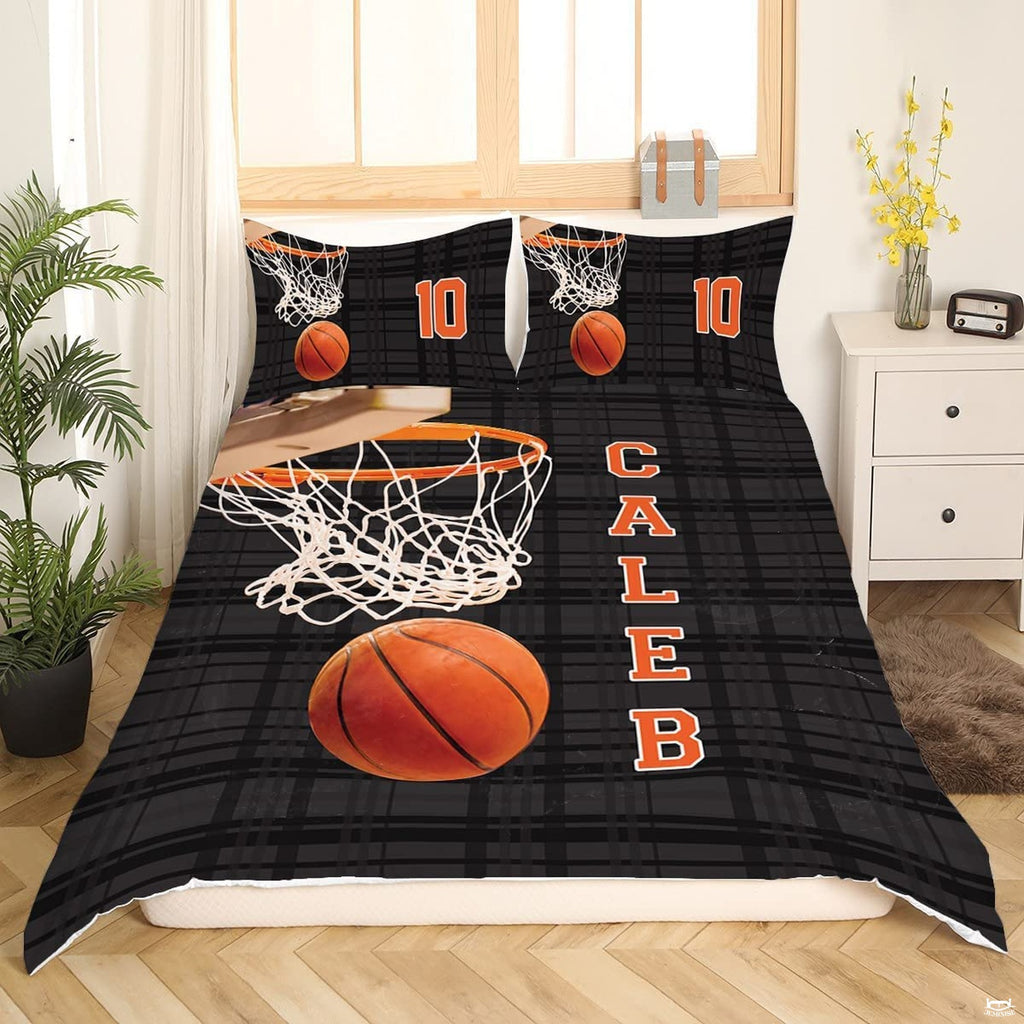 Coordinated pillow sham displaying athletic basketball hoop graphics from the sports bedding set