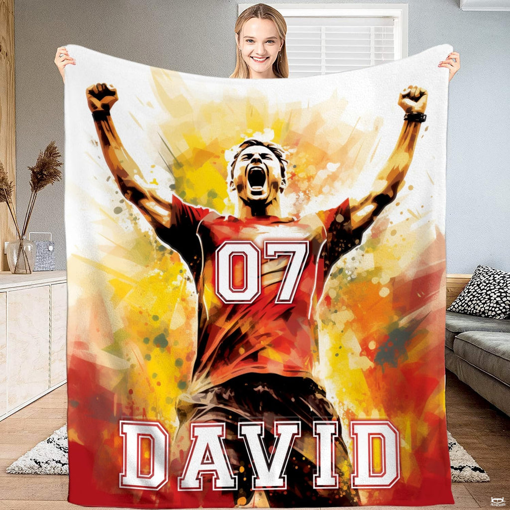 Watercolor soccer celebration sports theme bedding set in fiery red and golden yellow hues.