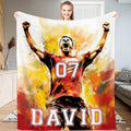 Watercolor soccer celebration sports theme bedding set in fiery red and golden yellow hues.
