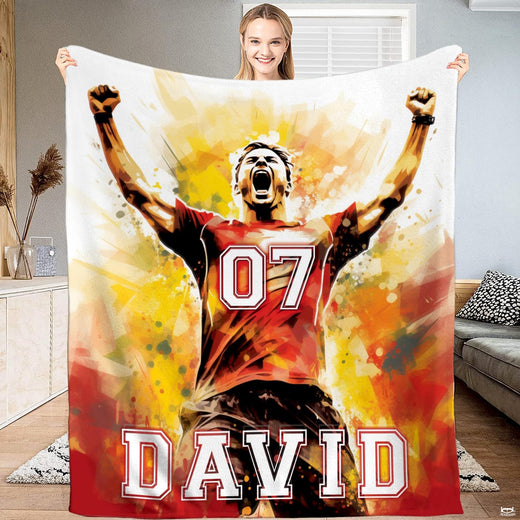 Watercolor soccer celebration sports theme bedding set in fiery red and golden yellow hues.