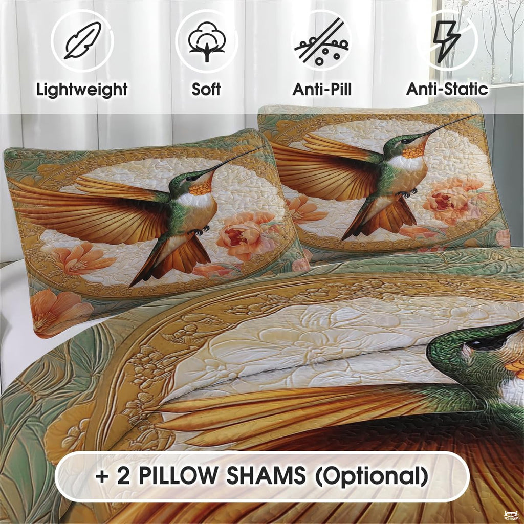 Close view of hummingbird and peach rose pillow artwork