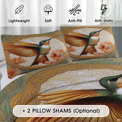 Close view of hummingbird and peach rose pillow artwork