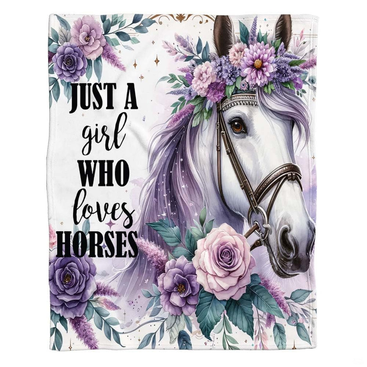 Charming country living room setting featuring purple floral horse throw blanket on couch