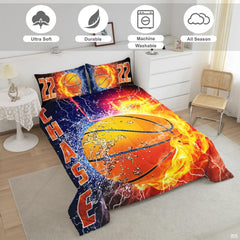 Split thematic accent graphic displaying flame and water droplets across an athletic bedroom decor set.