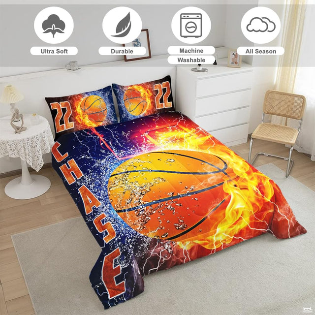 Split thematic accent graphic displaying flame and water droplets across an athletic bedroom decor set.