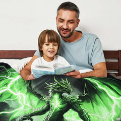 Bedroom interior showcasing the green lightning dragon throw blanket displayed over an accent lounge armchair.