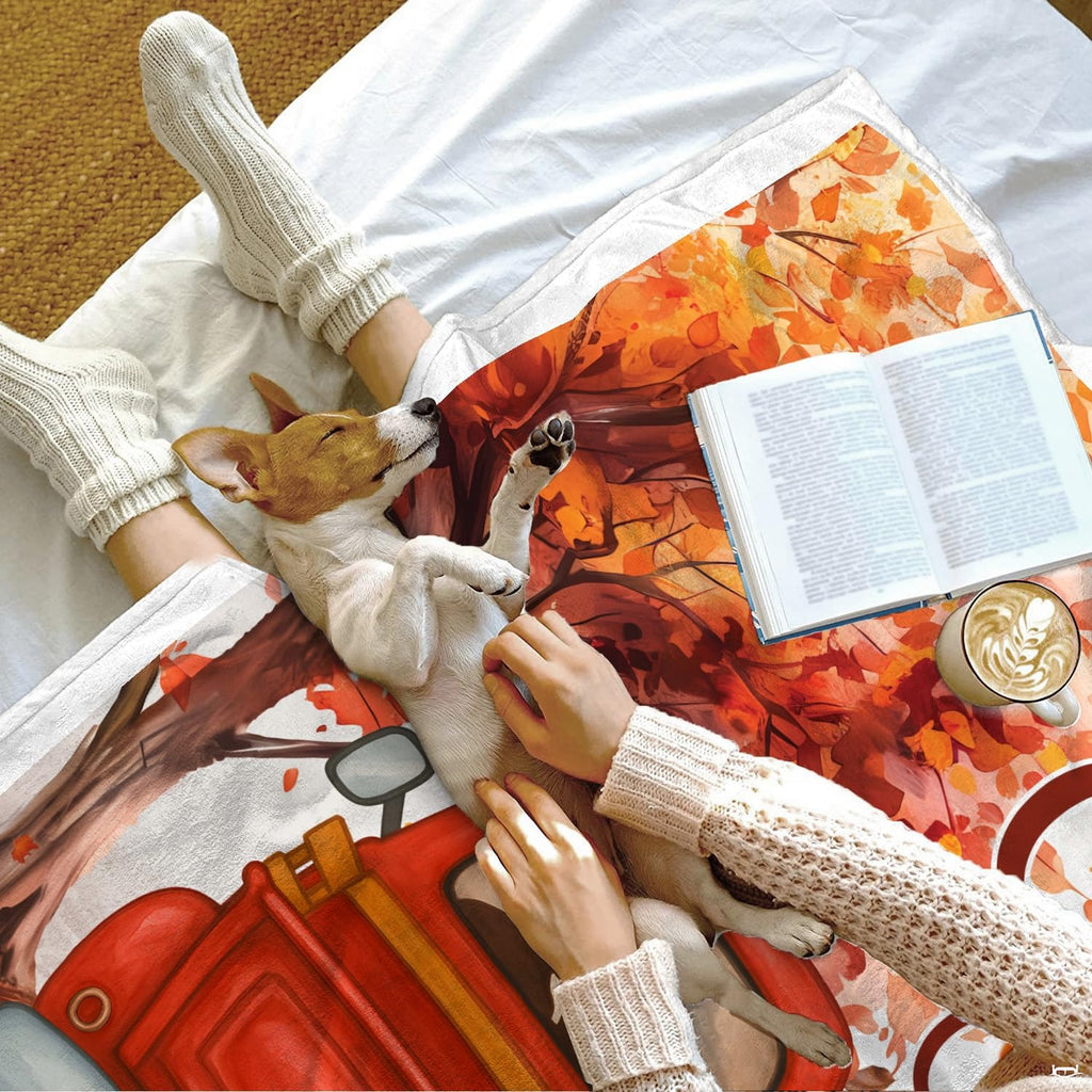 Textured backing contrast on rustic fall bedding set with autumn truck print.