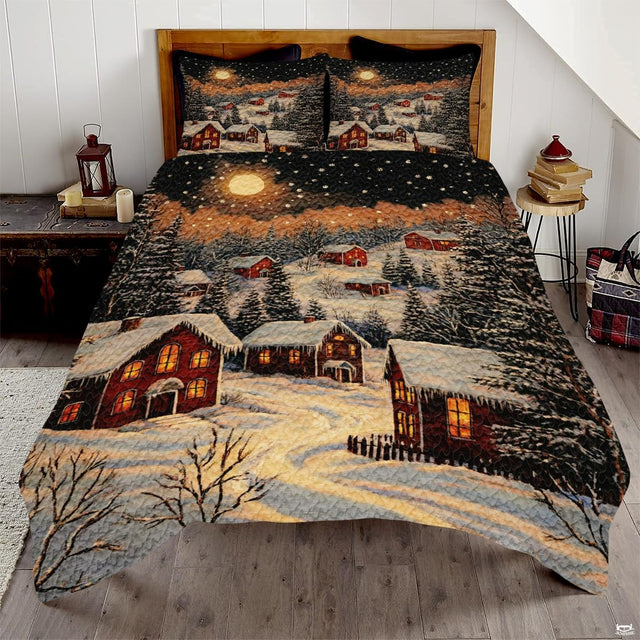 Rustic taupe snowman holiday winter bedding set displayed on a bed in a festive rustic bedroom