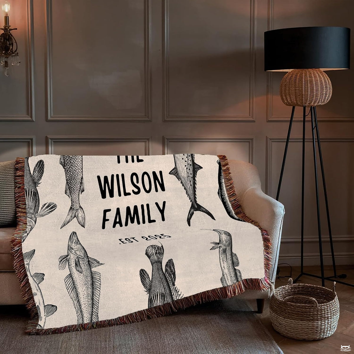 Bedroom styled with vintage fish engraving throw blanket displayed across rustic bedding
