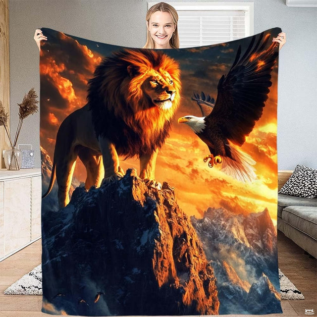 Mountain lion bedding set featuring a lion and soaring bald eagle on a rugged cliff at sunset.