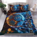 Electric blue flame soccer ball athletic bedding set displayed neatly on a bed in a sports bedroom