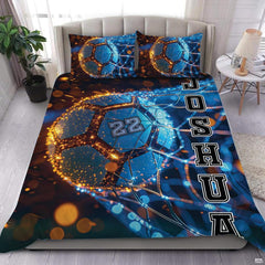 Electric blue flame soccer ball athletic bedding set displayed neatly on a bed in a sports bedroom