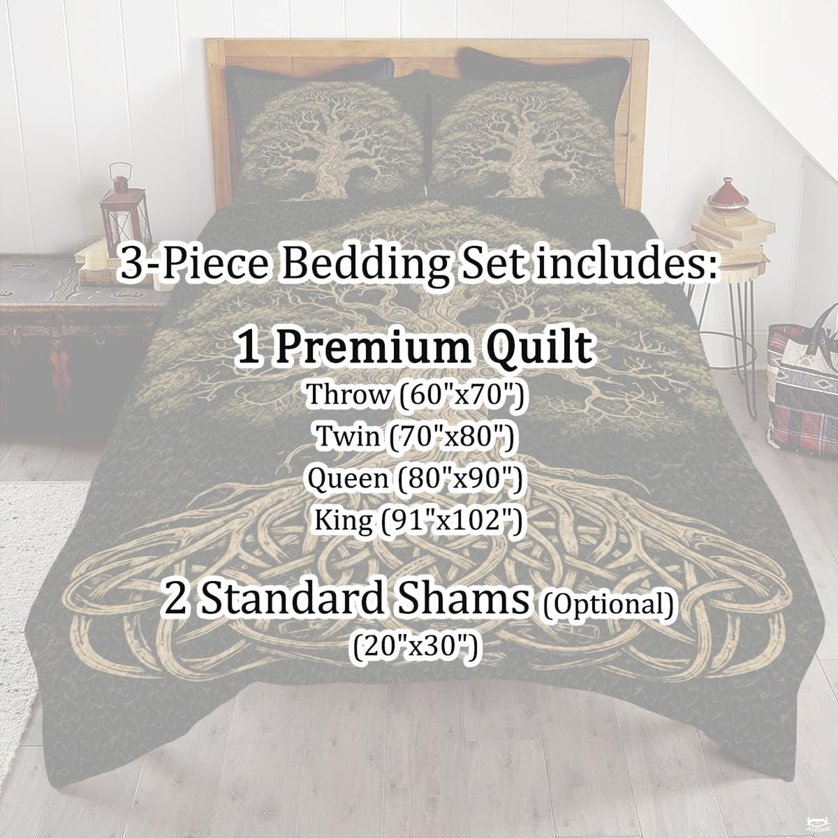thematic accent room visual perspective highlighting Celtic Tree of Life bedding as an artistic centerpiece in a modern...