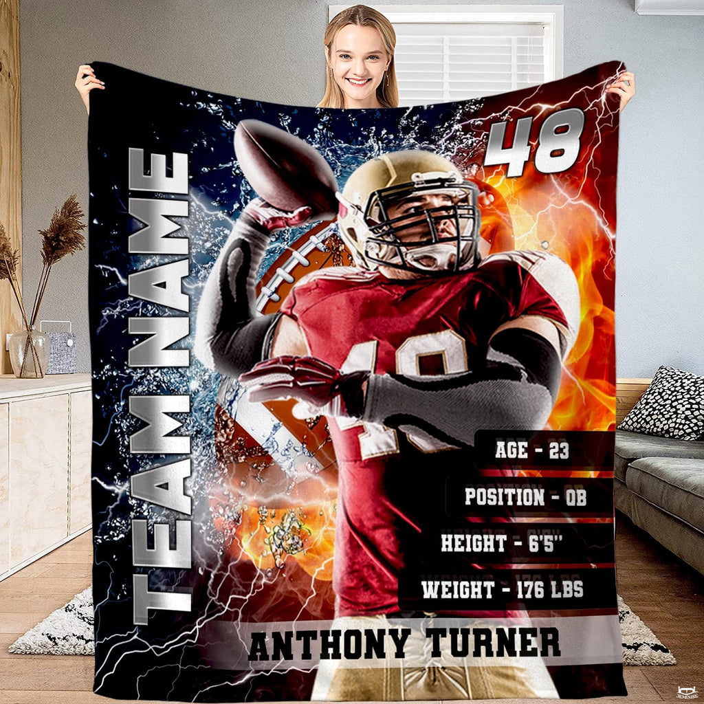Quarterback passing motion fire and ice throw blanket displaying an athlete cocking the ball between fire and ice