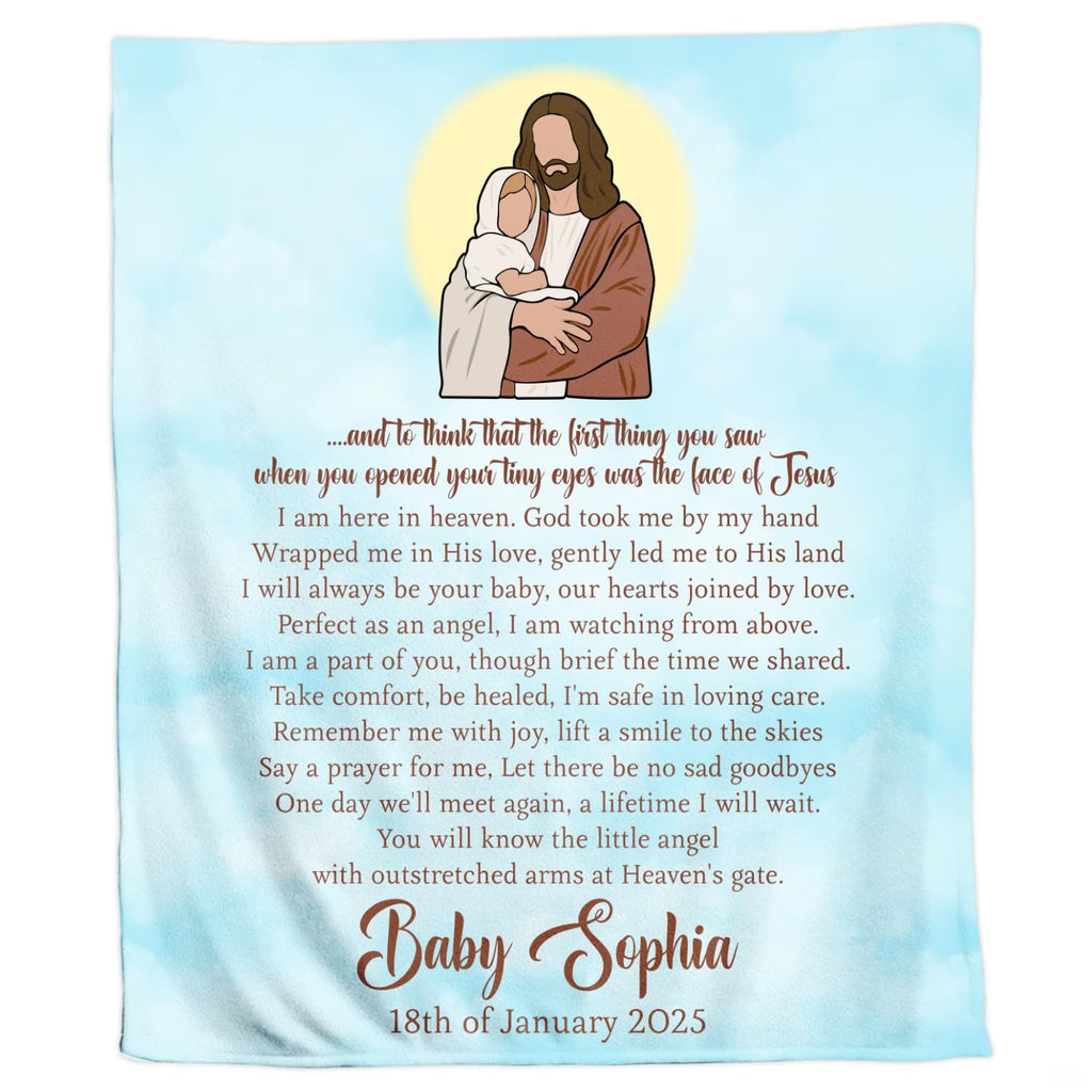 Detailed view of holy portrait artwork and thematic accent script typography on halo bedding set.