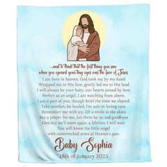 Detailed view of holy portrait artwork and thematic accent script typography on halo bedding set.