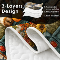 Folded corner perspective of harvest cow bedding set displaying rich autumn colors and patchwork border