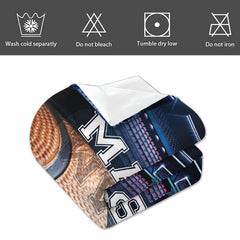 Detailed view of pillow shams and bedding border on royal blue basketball court bedding in a teen room