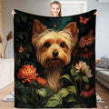 Yorkshire Terrier bedding set featuring dog portrait with monarch butterflies and dark green botanical flora.