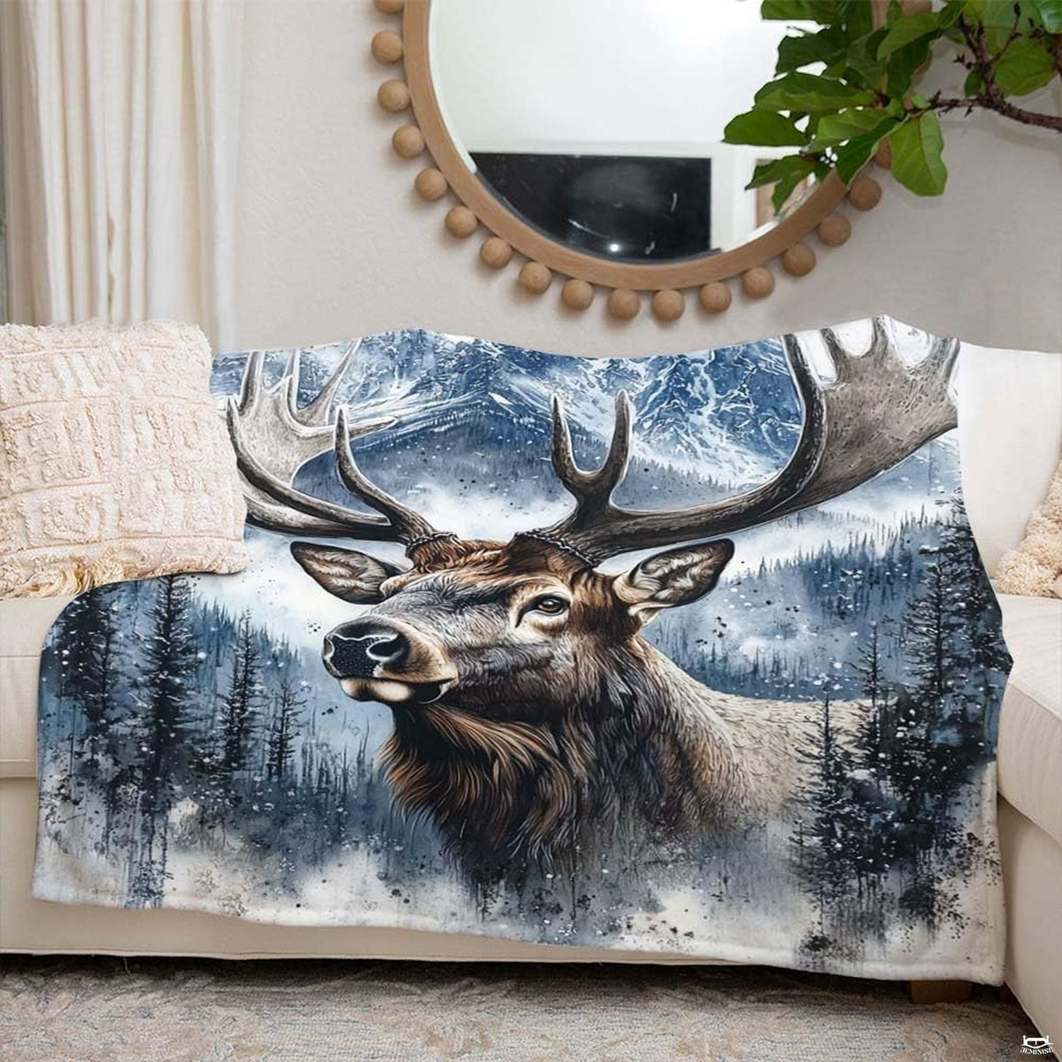 Detailed wildlife print portraying frosty mountain peaks, evergreen pines, and a solitary bull elk.