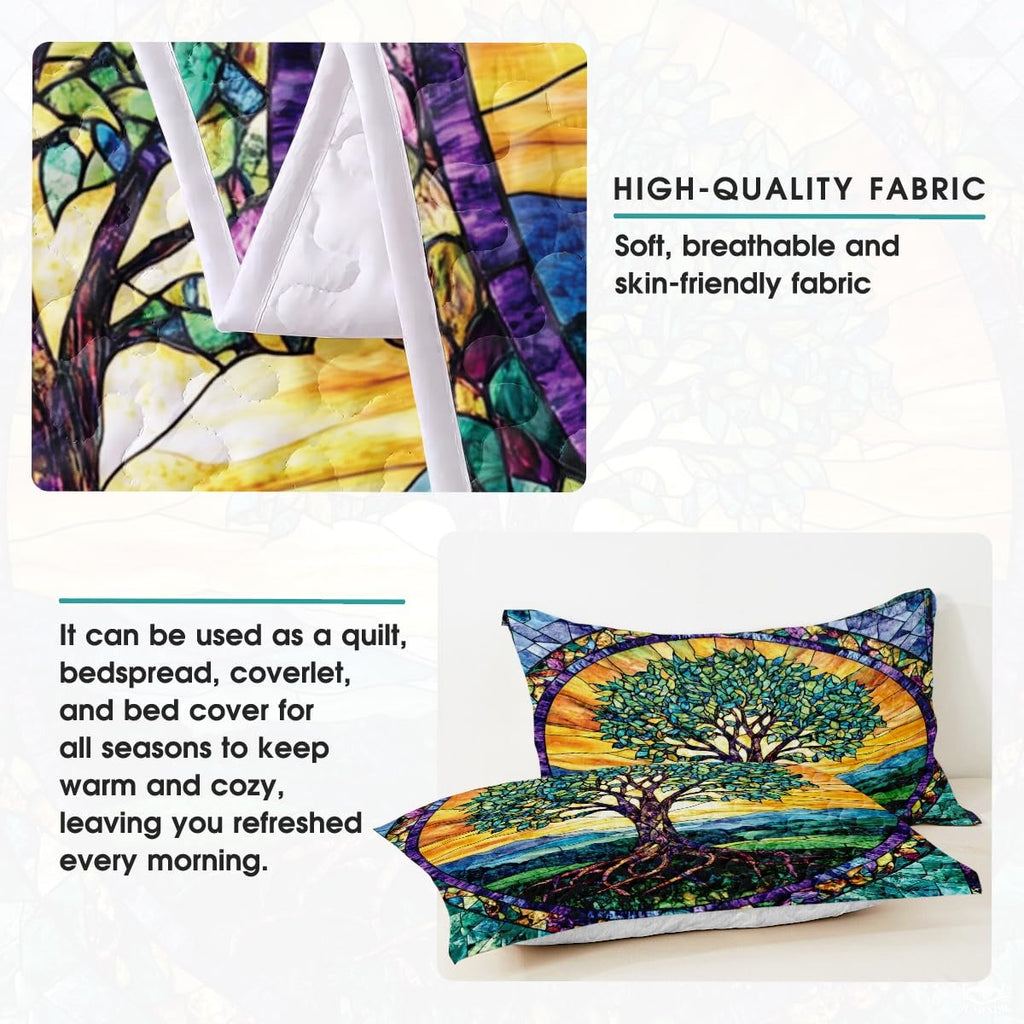 Nature Tree of Life Quilt Set with Stained Glass Pattern And Bedroom