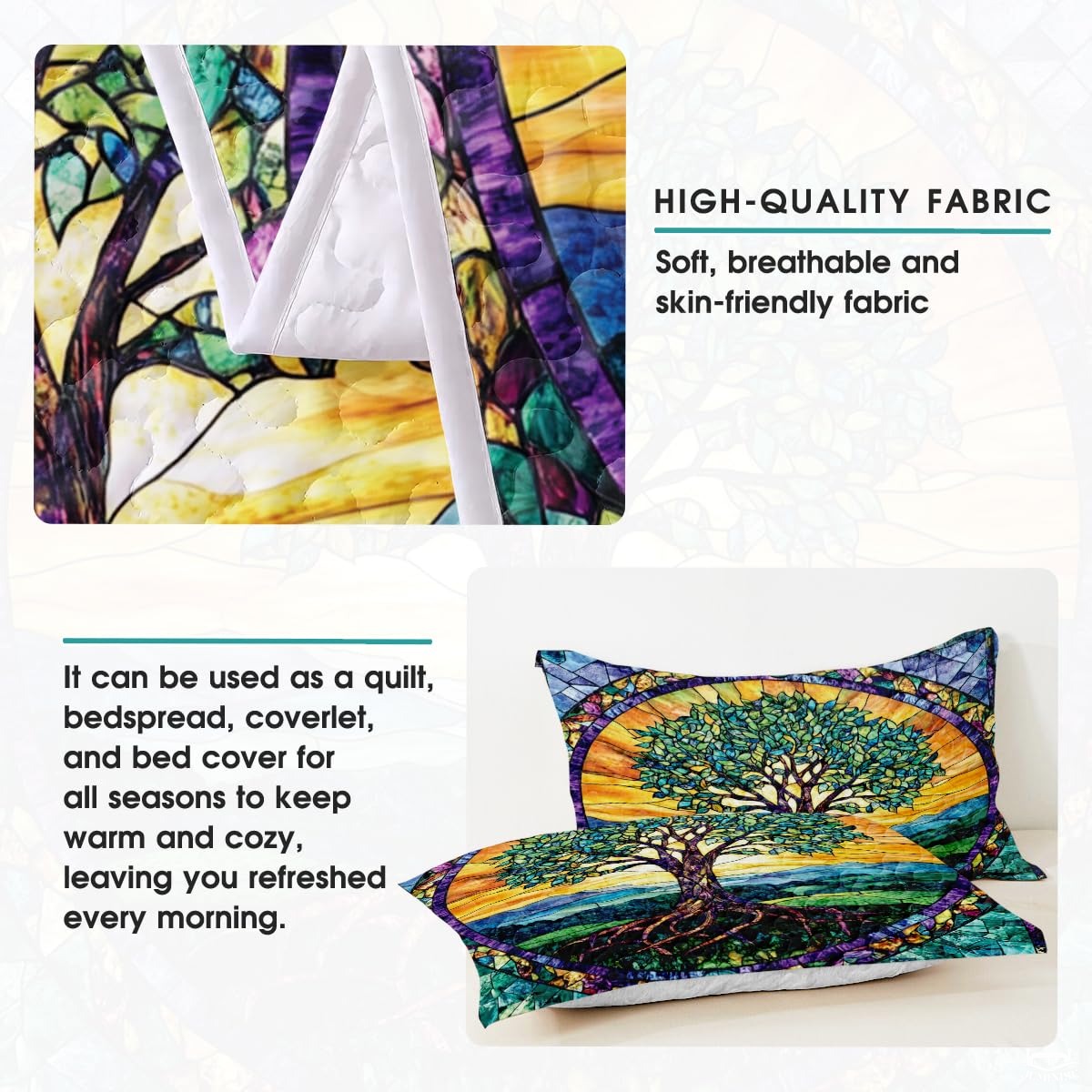 Nature Tree of Life Quilt Set with Stained Glass Pattern And Bedroom