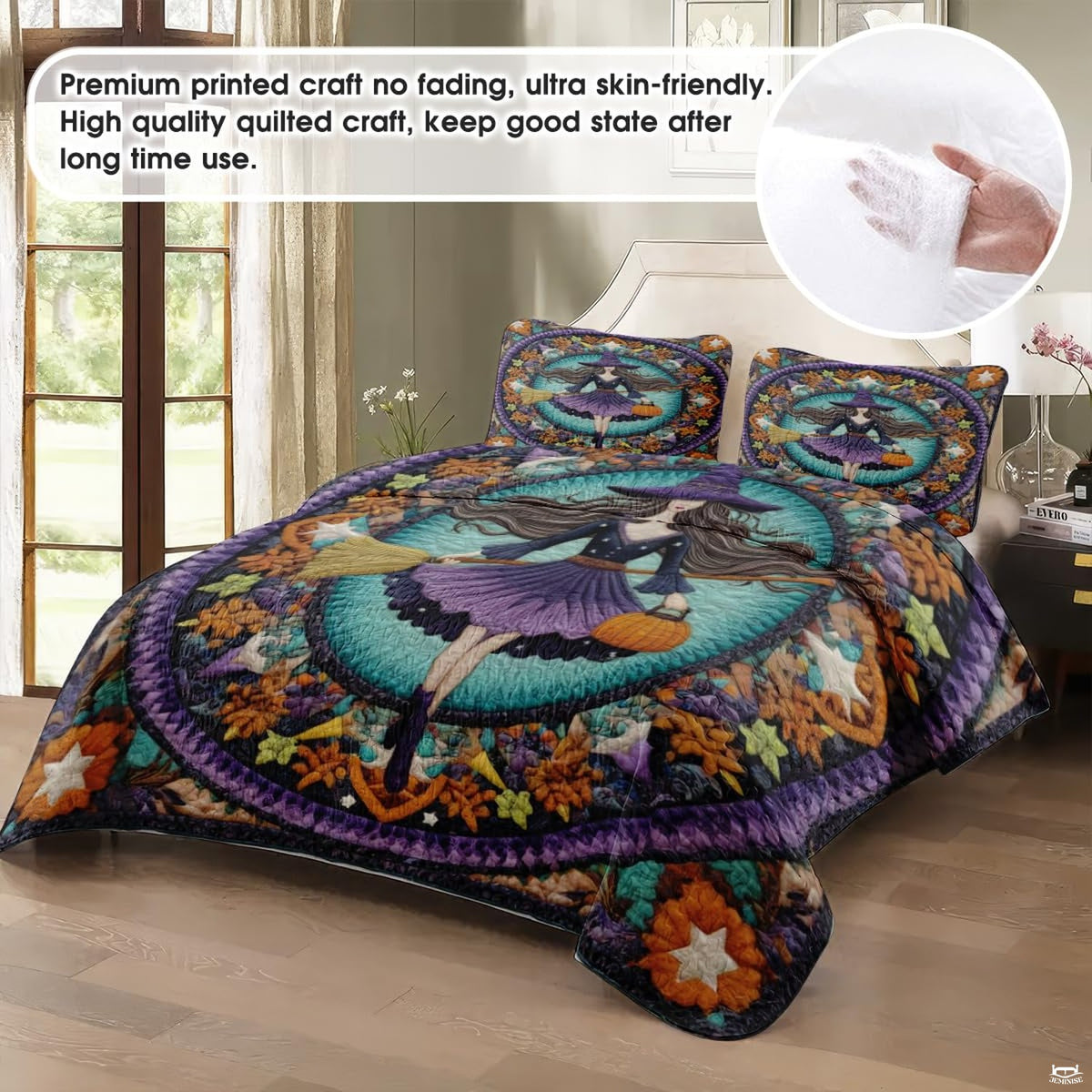 Purple witch bedding in a softly lit bedroom