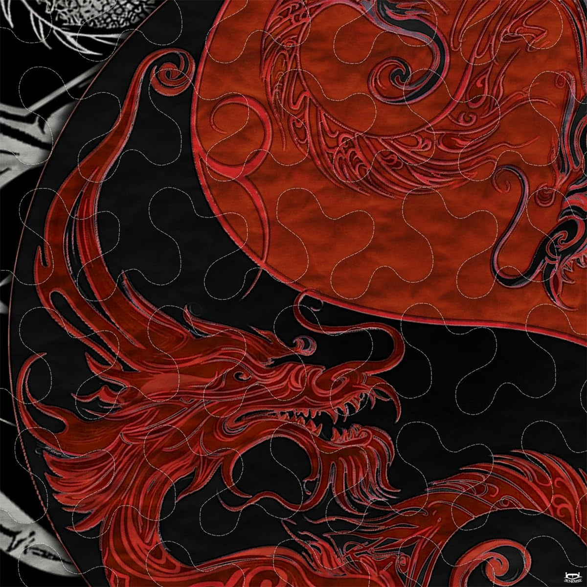 Close-up of ornate red dragon linework curling through a yin yang emblem