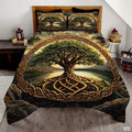 Bedroom setting with sunrise lake Celtic tree bedding and matching pillow shams
