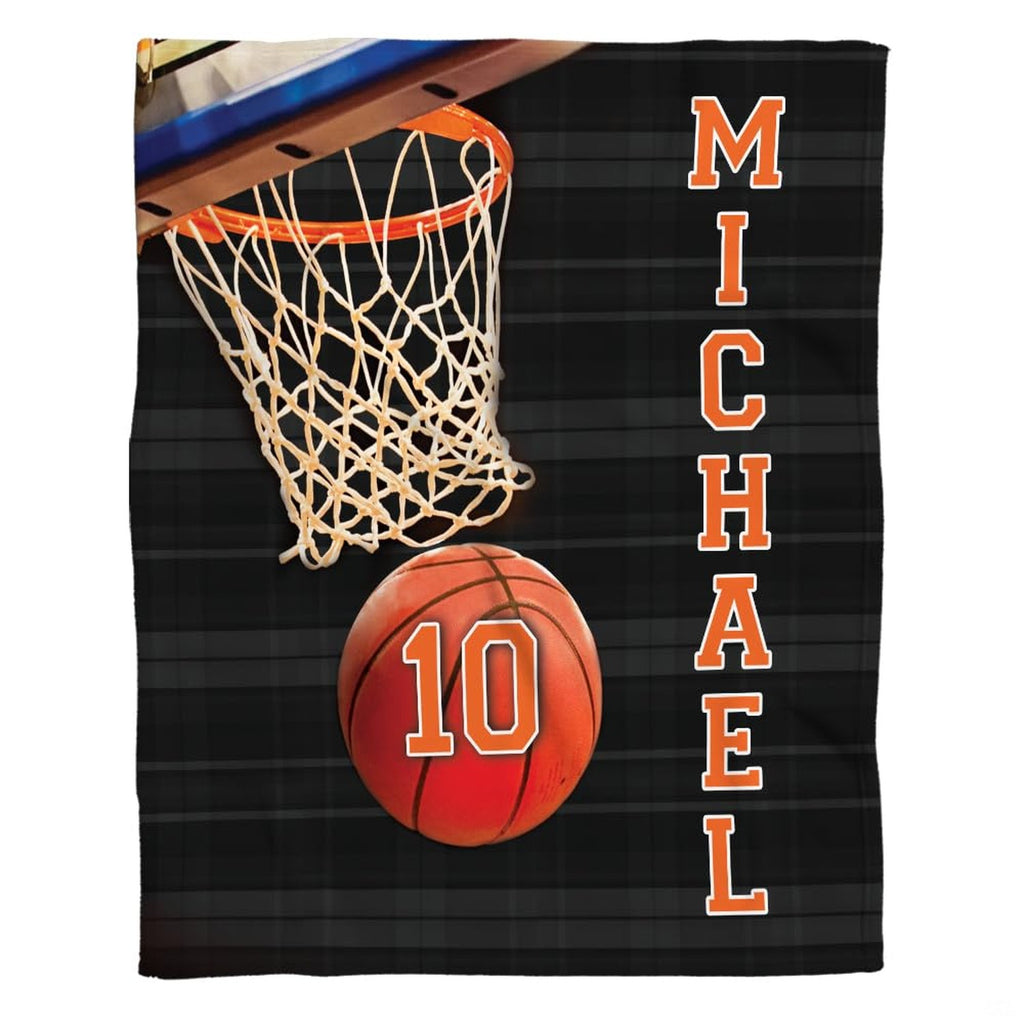 Basketball hoop and ball sports action throw blanket with vibrant orange rim and white net on black