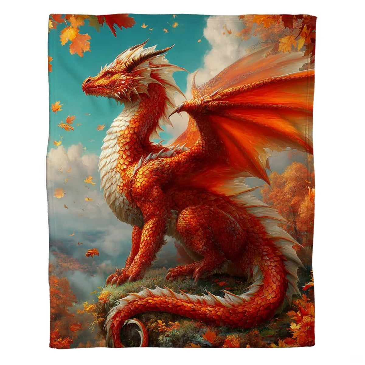 Winged red dragon throw blanket draped across living room sofa