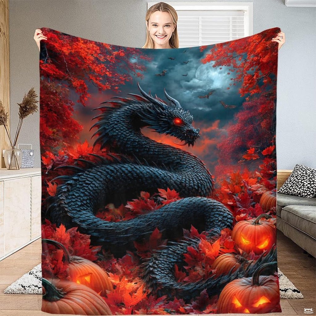 Halloween black dragon pumpkin autumn throw blanket held open by woman