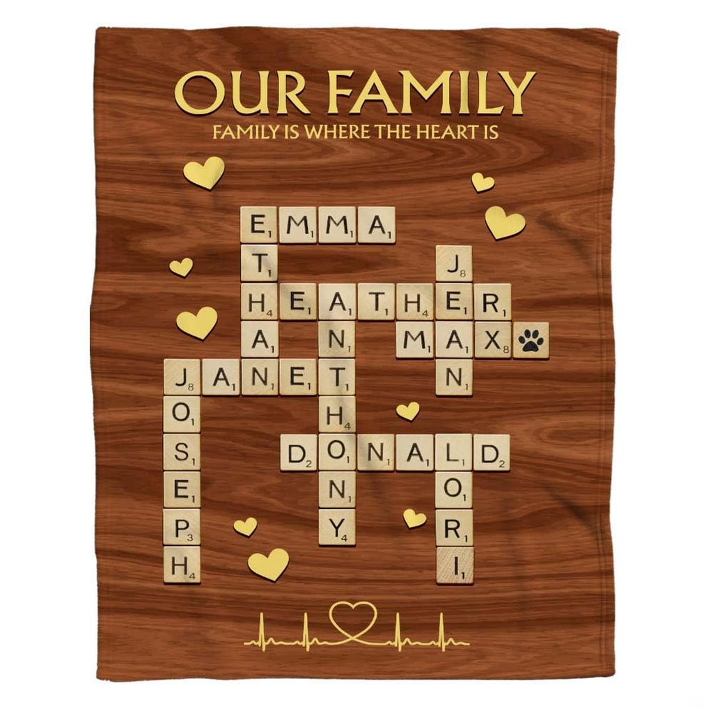 Full flat overhead view showing the complete interlocking letter tiles crossword puzzle blanket design.