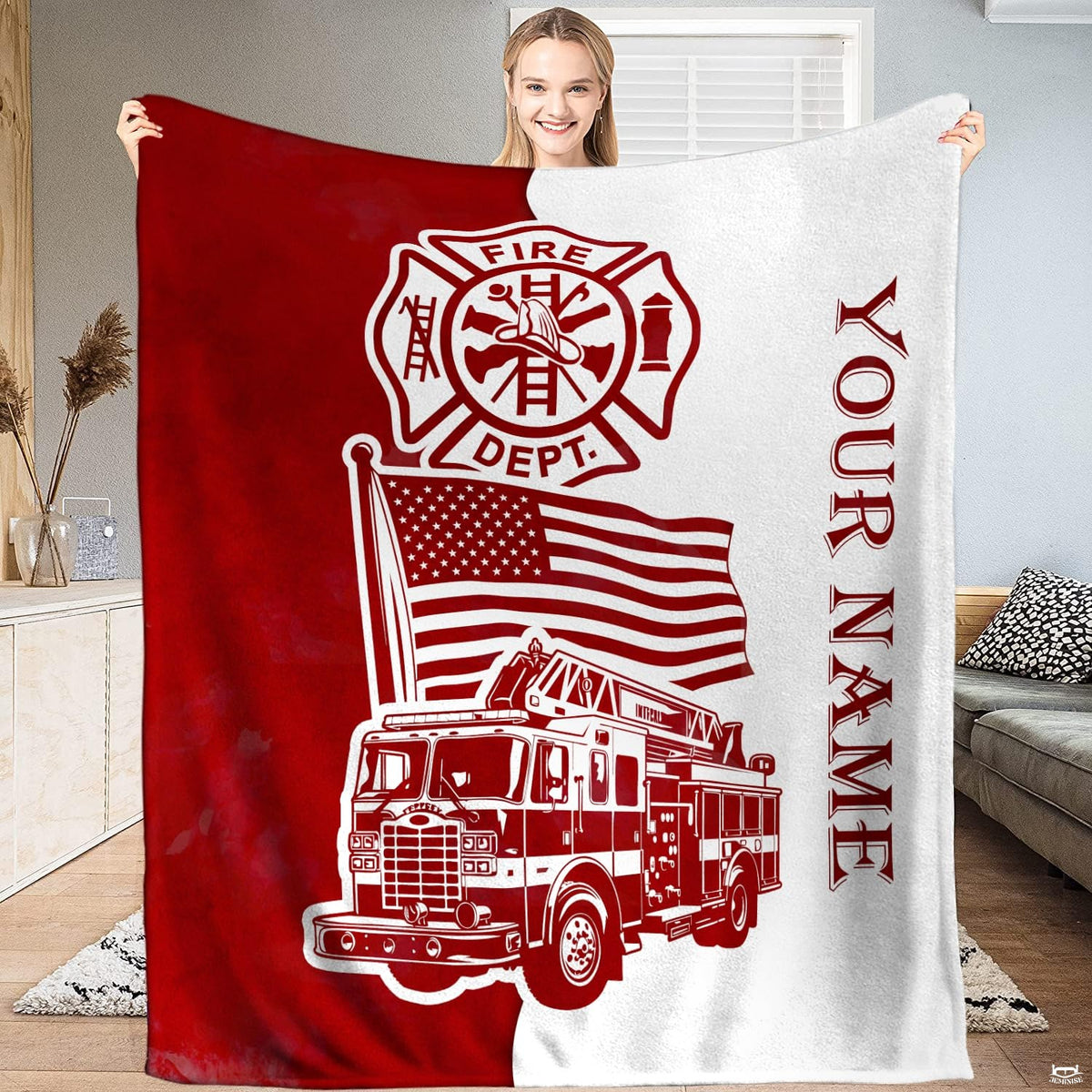 Close-up of the detailed fire engine rescue truck with aerial ladder and chrome grille illustration on a blanket