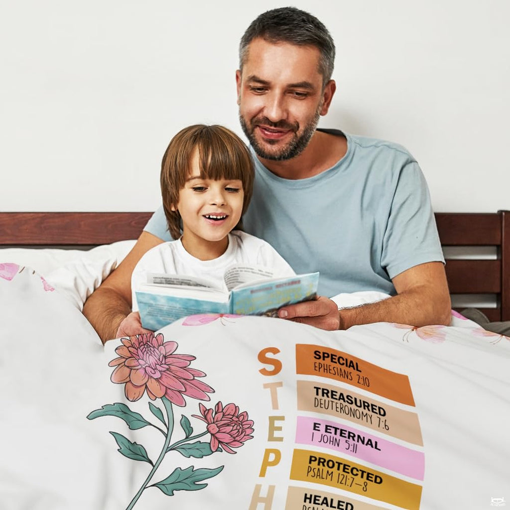 Fearfully and wonderfully made floral scripture blanket showing blooming dahlia and butterflies view 2