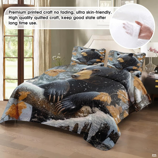 Detailed illustration of a black bear resting on a snowy branch in woodland bedding decor.