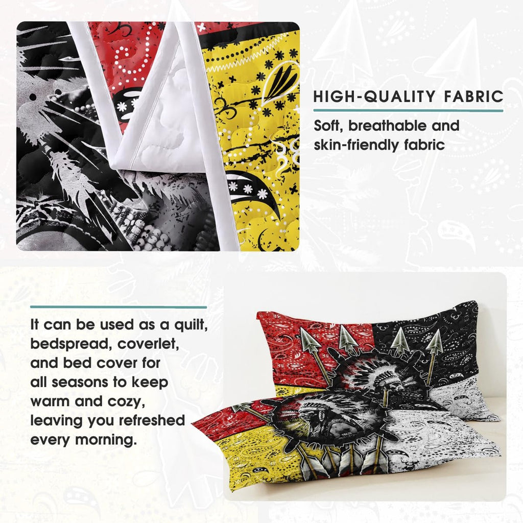 Bedroom setting featuring bold native american bedding with bandana motifs in red, yellow, and black.