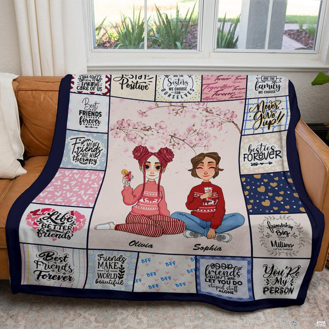 Cherry blossom friendship collage throw blanket view 2 detailing companions and pattern grid