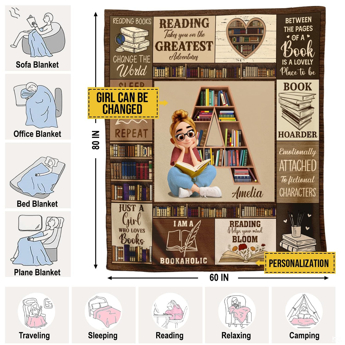 Measurement sizing chart for the letter A bookshelf throw blanket presenting available dimension choices.