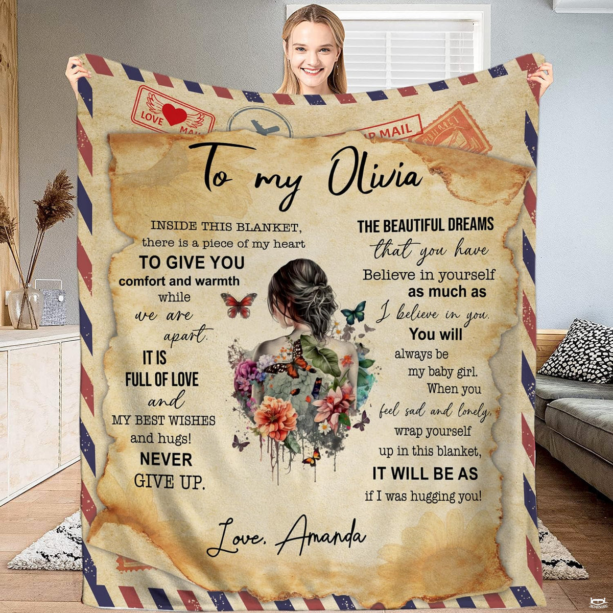 Sentimental daughter throw blanket featuring vintage airmail postcard, burnt parchment, and floral butterfly art