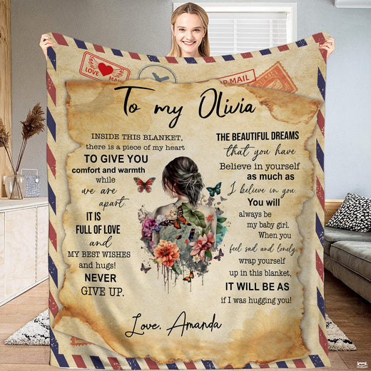 Sentimental daughter throw blanket featuring vintage airmail postcard, burnt parchment, and floral butterfly art