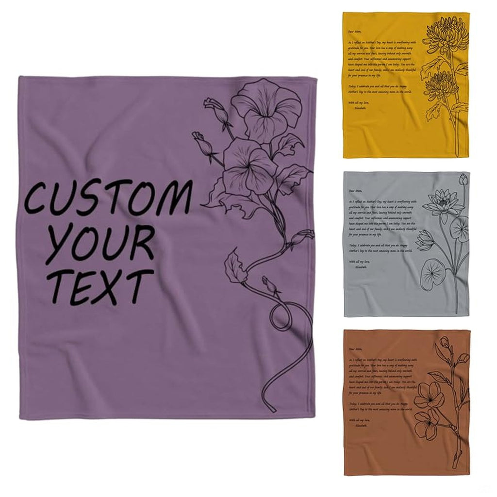 Botanical morning glory floral line art and poetic letter typography on rich mauve throw blanket