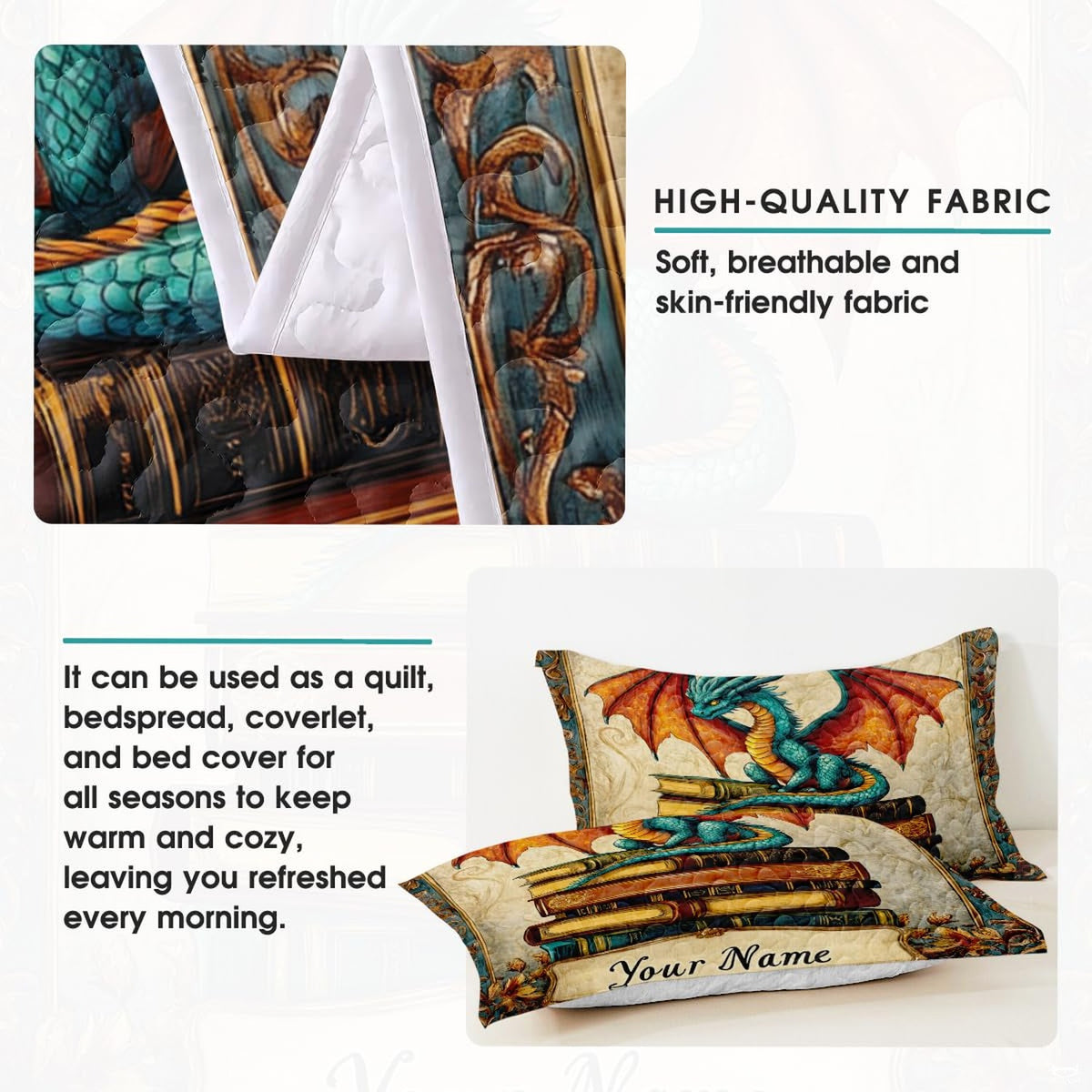 Artistic overview of dragon book motif paired with clean neutral reverse side.