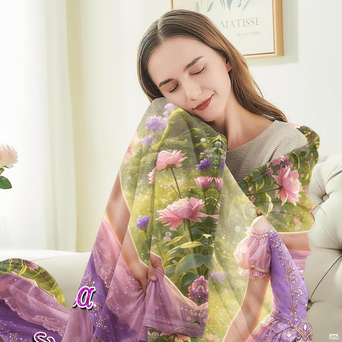 Enchanted forest princess throw blanket draped over an armchair in a reading nook.