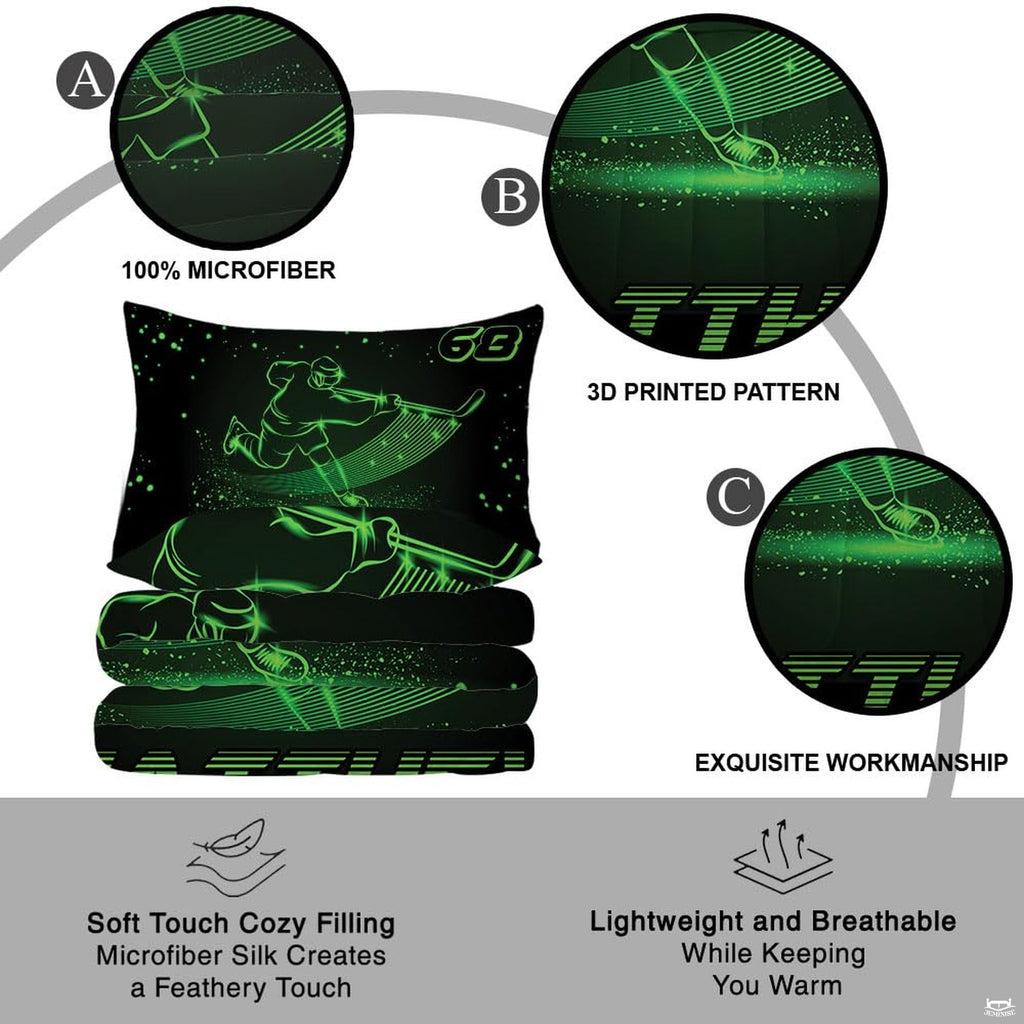 Overhead layout displaying vibrant hockey player bedroom graphic art with electric green light accents.