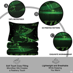 Overhead layout displaying vibrant hockey player bedroom graphic art with electric green light accents.