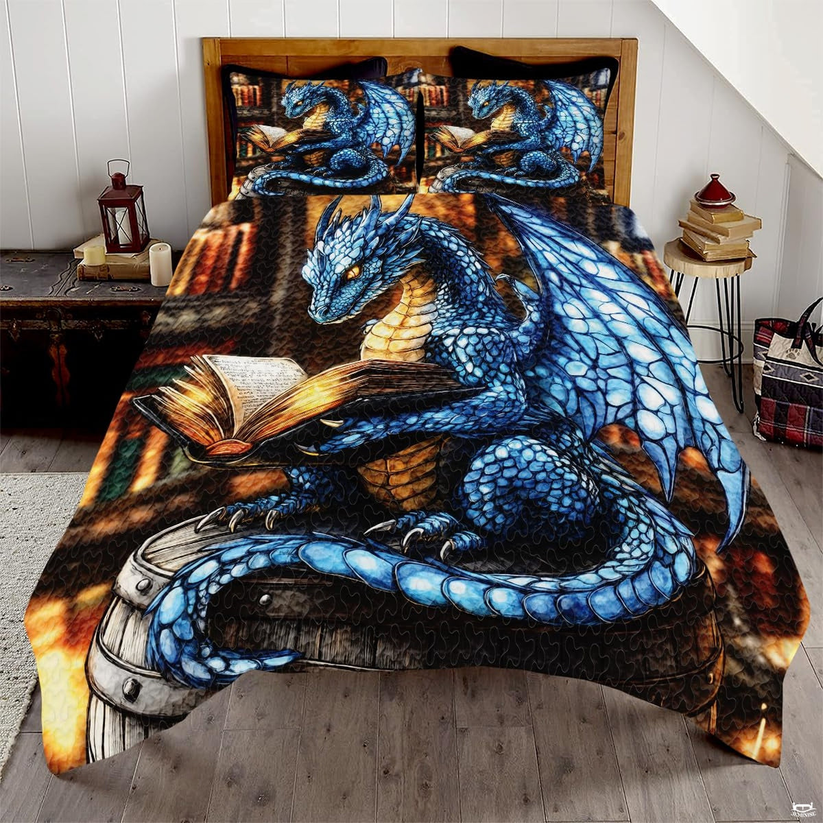 Blue reading dragon bedding in a bright bedroom