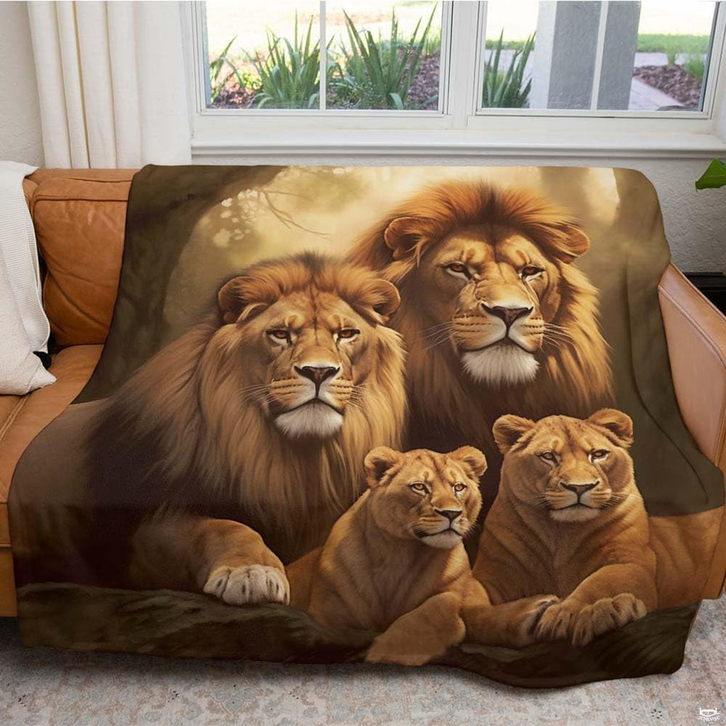 Lion pride bedding styled on a bed frame with neutral rustic bedroom decor and thematic accent lighting.